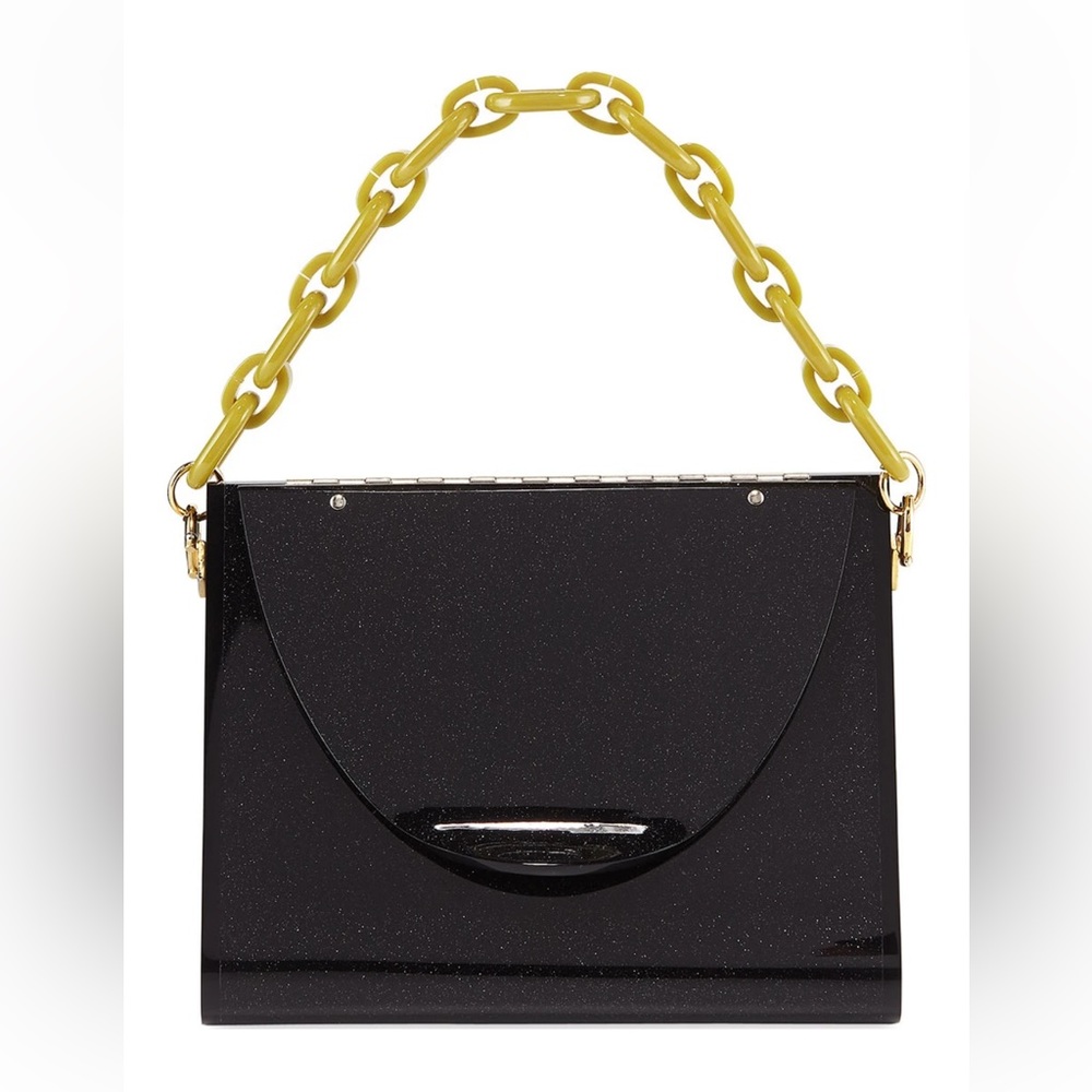 Edie Parker -Triangle solid acrylic minaudière. blck with sparkles & green chain